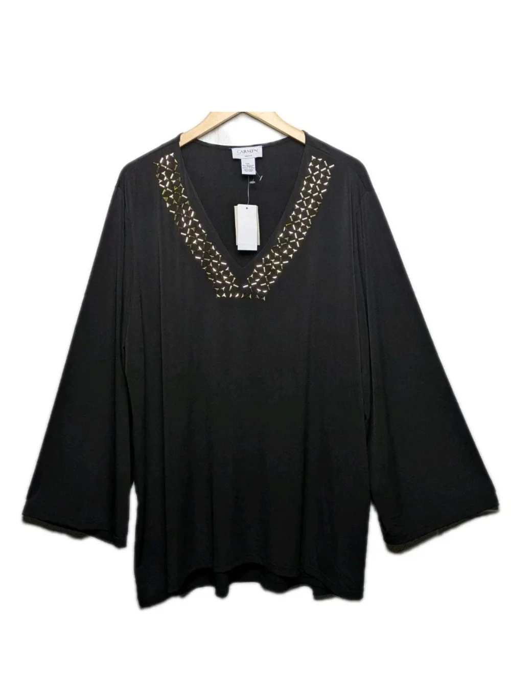 Carmen Marc Valvo Black V-Neck Tunic with Gold Stud Trim - Picture 1 of 7